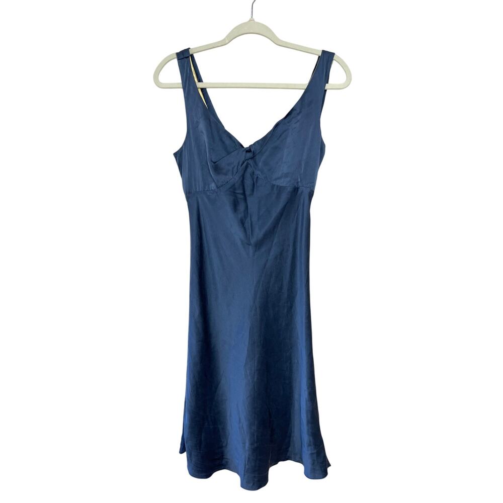 100% Silk Molly New York Blue Flowy Draped Back Midi Dress Size 4 Wedding Party